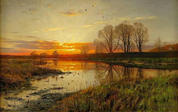 Landscape with sun going down over a lake by Peter Mork Monsted
